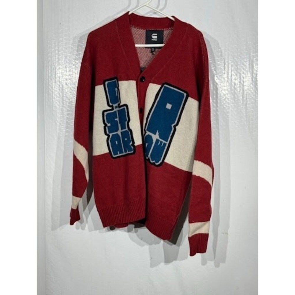 G-Star RAW Cardigan Sweater Men's XL Red Blue White Graphic Knit J-Star